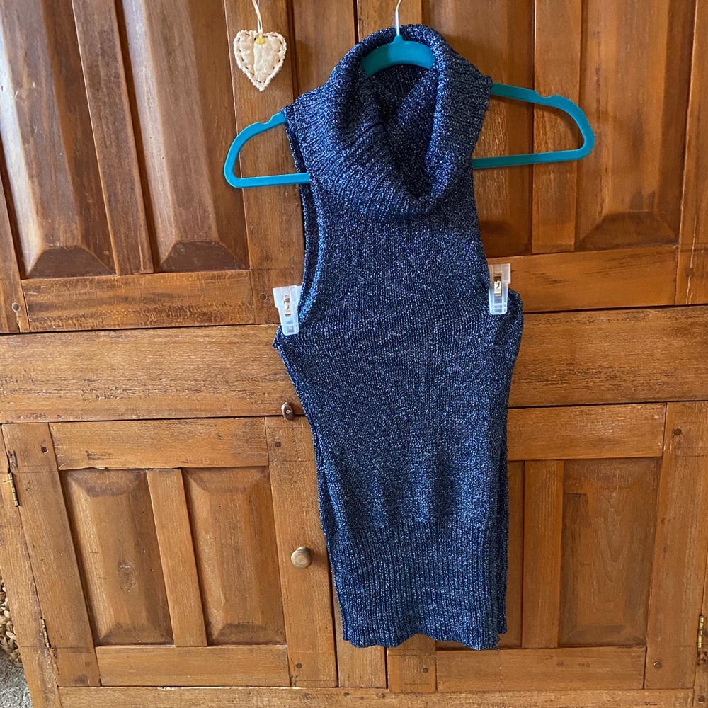 Metallic blue roll turtle neck, sleeveless.